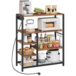 HOOBRO Поличка кухонна з розеткою (3 розетки з вимикачем), підлогова, для мікрохвильової печі з 3 знімними S-гачками, 5 ярусів, для кухні та вітальні, вінтажний коричневий та чорний колір, EBF25CHB01