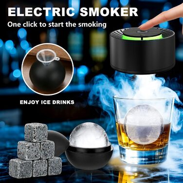 Електричний набір для копчення віскі Saturn - 6 дерев'яних чіпсів, 6 каменів для віскі, форма для льоду, перезаряджається, для бурбону, подарунок для батька, чоловіка, електричний дим для віскі + камені