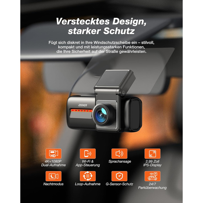 iZEEKER 4K Автомобільний відеореєстратор (Dashcam) з Wi-Fi, 32GB SD-карткою, двоканальний запис 4K+1080P, IPS-дисплей 2.99', Нічне бачення, G-сенсор, Запис по колу, Паркувальний режим 24/7