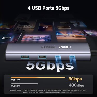 Хаб UGREEN Revodok 109 USB-C з HDMI 4K 60Hz, PD 100W, Gigabit Ethernet, SD/TF, 2xUSB-C, 2xUSB-A - сумісний з iPhone, MacBook, iPad, Surface, Galaxy