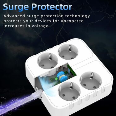 Розподільник розеток POWSAF з 4 розетками та 4 USB-портами для зарядки, для кріплення на стіну, для дому та офісу, білий