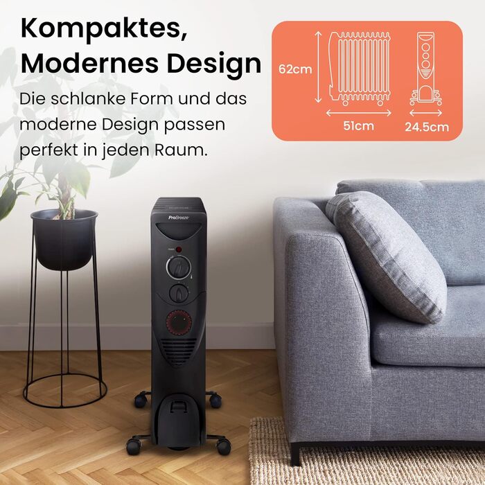 Електричний масляний радіатор Pro Breeze 2500W з таймером, 3 режими, термостат, захист від перегріву, білий/чорний