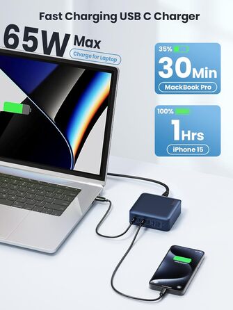 Мережевий зарядний пристрій USB-C на 200W з 6 портами GaN III Tech, PD+QC, з 4 USB-C та 2 USB-A, 65W для ноутбука, швидка зарядка для MacBook/iPad/iPhone 16/15/Samsung (блакитний)