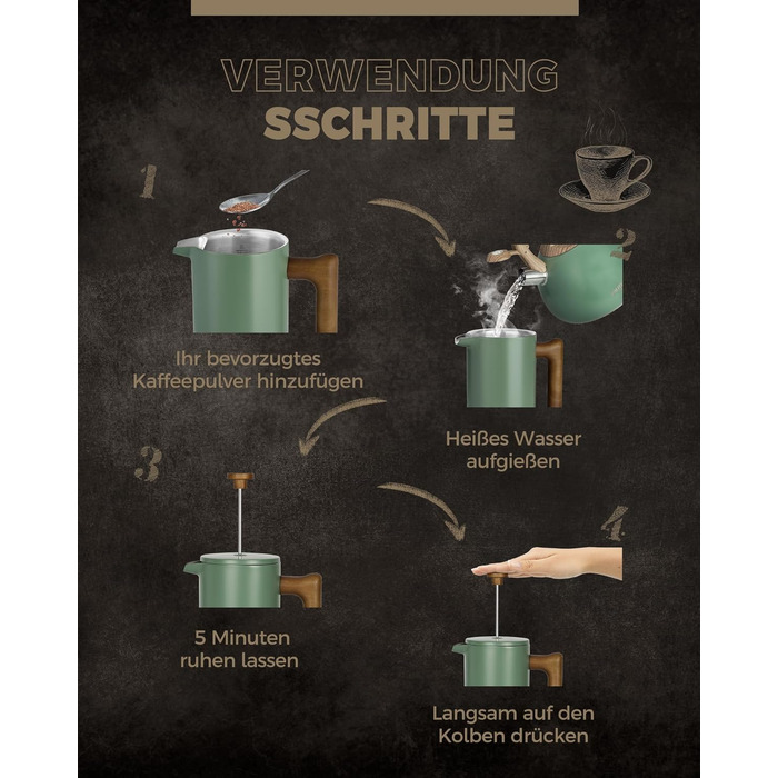 Poliviar French Press Coffee Maker 1 Liter/8 Cups, Double-Walled Insulated Coffee Carafe and Teapot, Manual Filter Coffee Press with Plunger & Wooden Handle, Flatland (Green) JX2020-FPN-DE 1000ml Wild Green