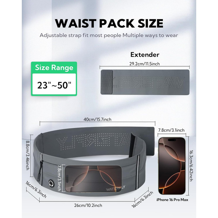 Водонепроникний поясний ремінь Waterfly для бігу, спорту та фітнесу (чоловічий/жіночий, темно-сірий)