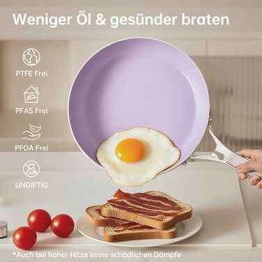 Набір сковорідок з антипригарним керамічним покриттям Tjean (без PTFE, PFOA, PFAS) з нержавіючою ручкою, підходить для індукційних, газових, електричних плит та духовки до 280°C (фіолетовий, 26 см)