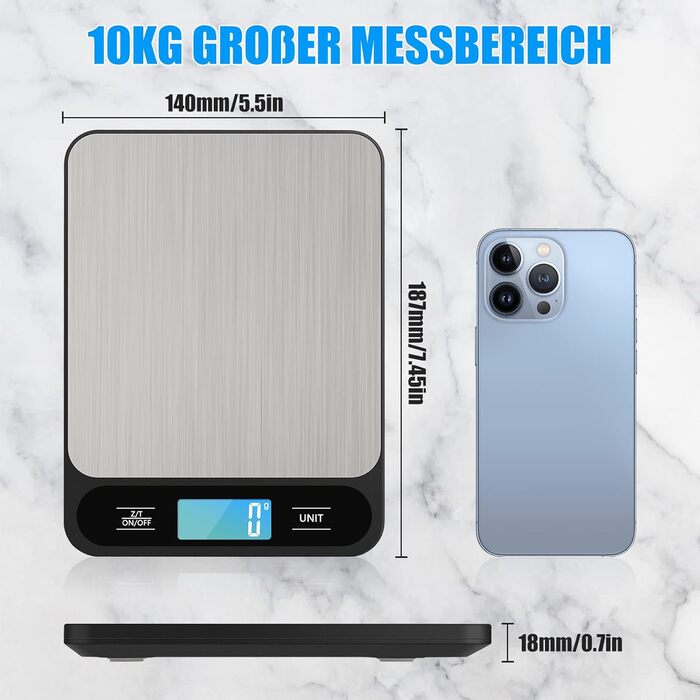 Кухонні ваги Diyife 10 кг / 1 г, електронні, з LCD-дисплеєм, для випічки та приготування їжі, з тарою, автовимкненням, платформа з нержавіючої сталі, 6 одиниць вимірювання, чорні