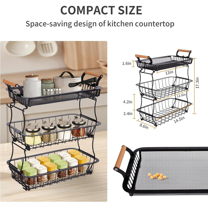 Металевий фруктовий кошик на 3 яруси з підставкою для бананів - чорний | Для кухні, обідньої зони, комори