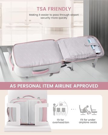 LOVEVOOK Рюкзак для ручної поклажі 40L, сіро-рожевий, для ноутбука 17.3