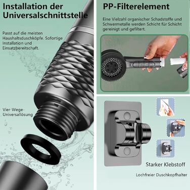 Фільтрована лійкова насадка для душу з високим тиском, ручна, з шлангом, 4 режими, економія води, чорна Pro (DE-002)