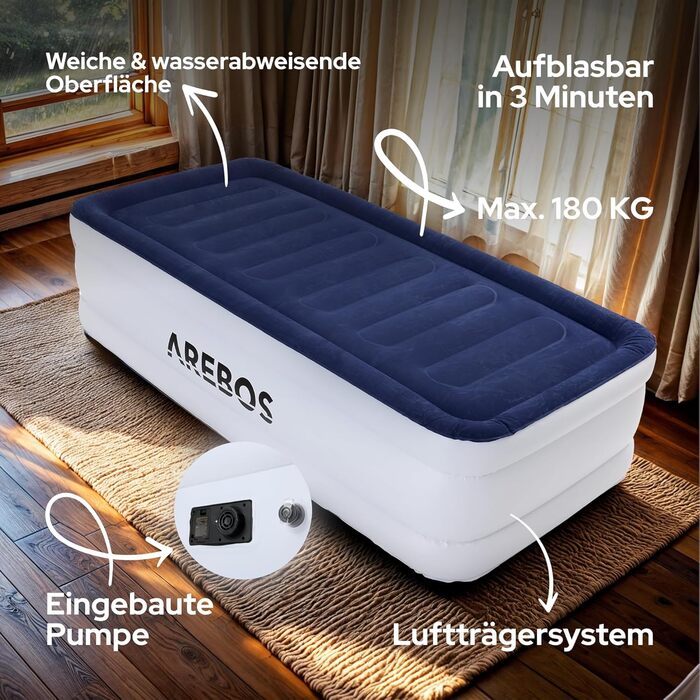 Надувний матрац Arebos | Самостійно надувний матрац 203 × 95 × 51 см, для 1 особи | Гостьовий матрац з електричним насосом | Надувний матрац з сумкою для перенесення, для кемпінгу/дому (Синій/Білий)
