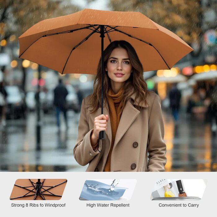 Дощовий парасолька SoulRain: вітростійкий, компактний, для автомобіля, гольф, у подорожі (коричневий)