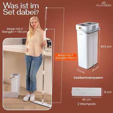 Набір для миття підлоги XL з відром, 2-камерна система, телескопічна ручка 143-181 см, плоский моп 40 см, самовіджимання з видаленням шерсті тварин та 2 мікрофібровими накладками, білий – ALANBERG®