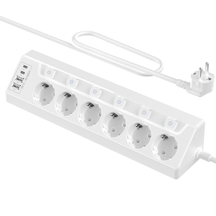 Розподільник розеток з захистом від перенапруги, 6 розеток, USB-C, 2м кабель, 4000W, 16A, для кухні, дому, офісу (білий)