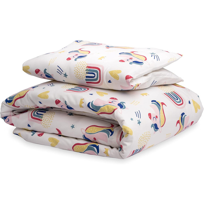 Комплект постільної білизни для немовлят FlyIdeas: 100% бавовна, сертифікат якості, ковдра та подушка, 160x80 см, Rainbow Unicorns, Made in EU