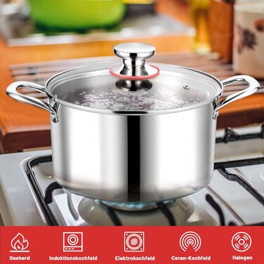 Каструля Herogo з нержавіючої сталі, 24 см, 5.6 л з кришкою з скла, для супу, м'яса, пасти, спагеті, здорове приготування, без покриття, придатна для духовки