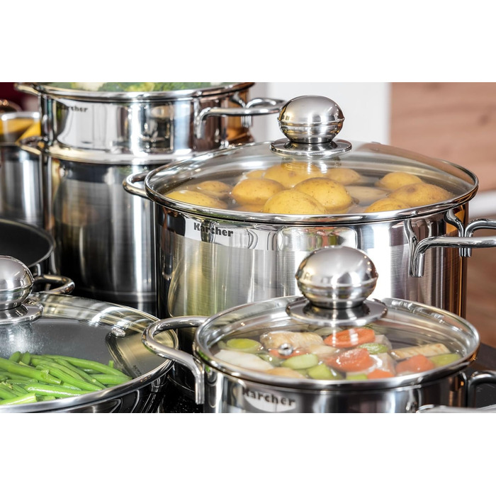 Karcher 14-Piece Stainless Steel Cookware Set with Glass Lids - Induction Compatible
