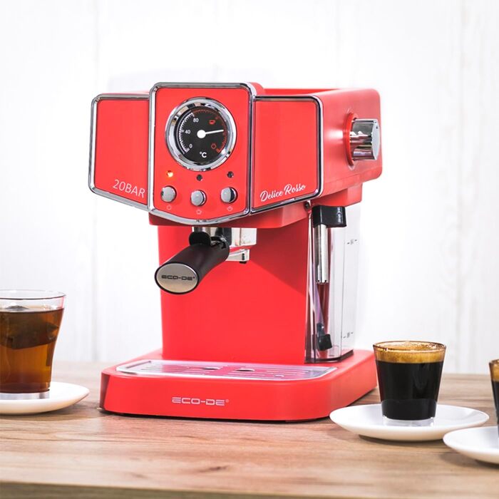 ECODE® Espresso Machine Delice Black, 20 Bar Pressure, Swivel Vaporizer - Machine with 1.5 L Tank, Milk Frother, Single/Double Dosing, Manometer with Temperature - Coffee Machine (Rosso)