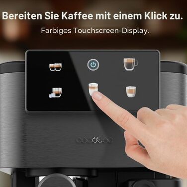 Кавомашина еспресо Cecotec Power Espresso 1350 Вт, 20 Бар, сенсорний дисплей, резервуар 1.5 л, капучинатор, подвійний холдер (ColdBrew Latte Dark)