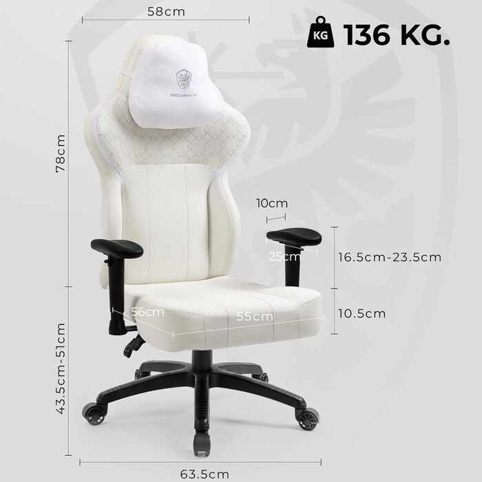 Ігровий крісло Dowinx з PU шкіри, ергономічний комп'ютерний крісло для геймерів, великий офісний крісло з регульованим нахилом та високою спинкою (Білий)