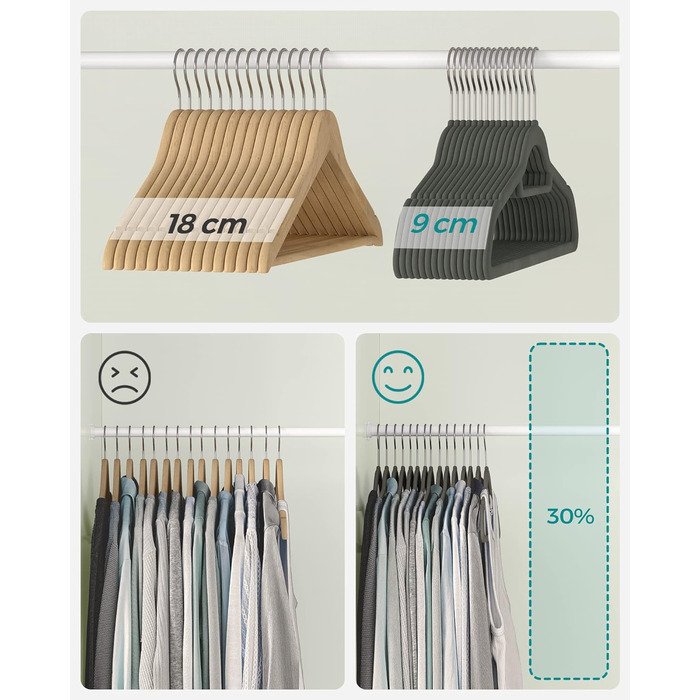 Плечики SONGMICS для одягу, 20 шт., велюрові, нековзні, для краваток, 360° обертання, 0,6 см, економія місця, 43,5 см, для пальто, штанів, срійно-сірий