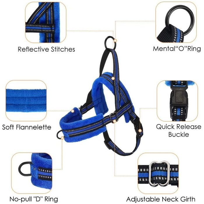 Нашийник для собак LowTon з повідком, анти-тягнучий, регульований, світловідбиваючий, для цуценят та малих/середніх собак, чорний (XS, Синій)