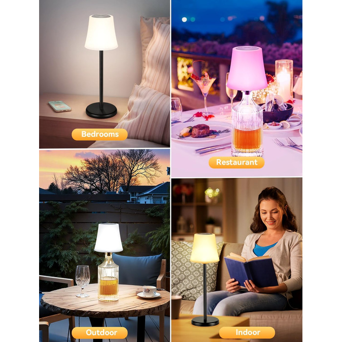 LED настільна лампа акумуляторна 2 шт, біла, IP54, диммування, сенсорне управління, для ресторанів, спальні