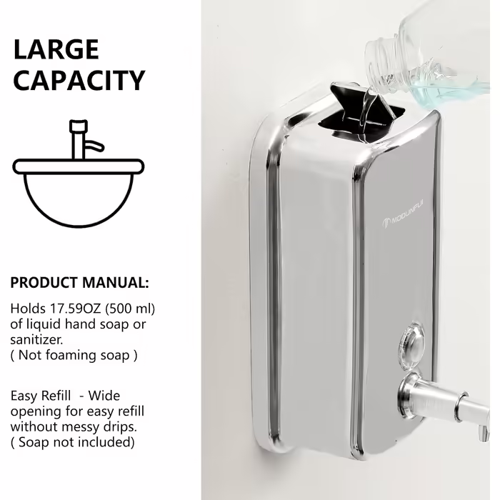 Modern Hand Soap Dispenser, Wall-Mounted Soap Dispenser Stainless Steel for Bathroom, 500 ml Manual Soap Dispenser, Liquid Soap Pump for Kitchen Polished
