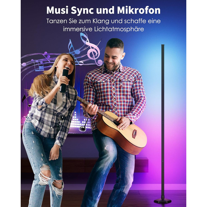 LED-підлогова лампа WISIMMALL з RGBIC підсвічуванням, 170 см, диммування, керування пультом/додаток, 16 млн кольорів, 300 режимів, музичний синхронізатор для вітальні, спальні, ігрової кімнати