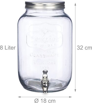 Relaxdays 2 x Drink Dispenser 8 l, Glass, Tap, Retro Juice Dispenser Gastro, Vintage Lemonade Dispenser Garden Party, Clear