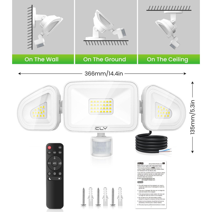 CLY 42W LED Floodlight with Motion Sensor and Remote Control, 3600LM 6500K Cool White Outdoor Floodlight with Adjustable 3 Heads LED Floodlight IP66 Waterproof Spotlight Floodlight for Garage Terrace
