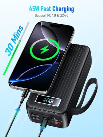 Power Bank 60000 mAh з PD 45W, 6 портів (4 USB-A, 2 Type-C), LED дисплей, вбудовані кабелі, чорний