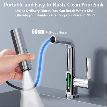 Кран кухонний з витяжною лійкою, 3 режими, LED-індикатор температури, однорідний змішувач, поворот на 360°, кран для мийки, кран кухонний, високий тиск, регульована висота (хром)