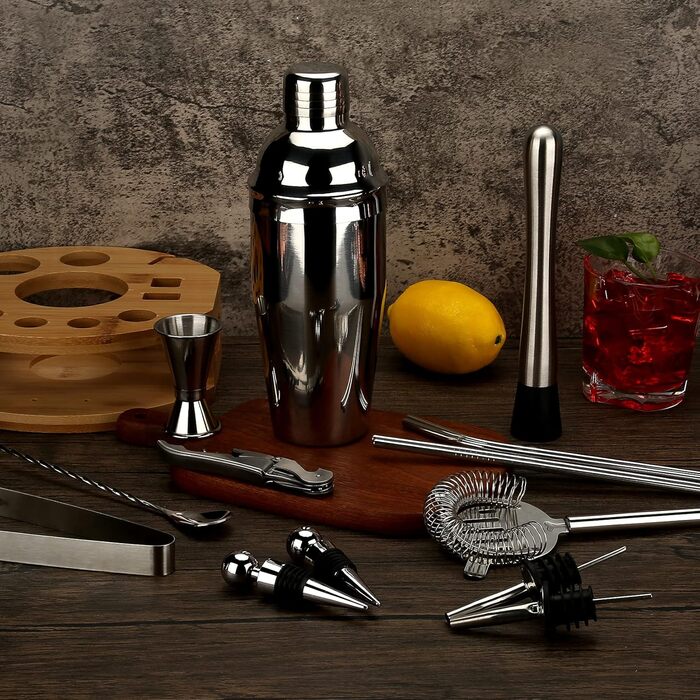 Набір для коктейлів 750 мл, 16 предметів - професійний барний набір з нержавіючої сталі на бамбуковій підставці, срібний