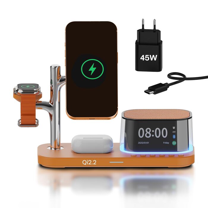 Бездротова зарядна станція 5-в-1 MMOBIEL з годинником, Bluetooth-динаміком та нічником LED для MagSafe – 25W Qi2.2. Магнітний бездротовий зарядний пристрій для iPhone, Apple Watch та AirPods (Помаранчевий)