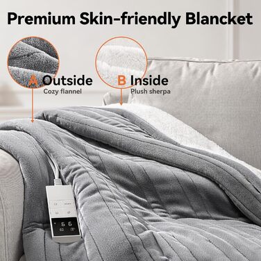 Електрична ковдра з підігрівом, 9 зон, таймер 1-9 годин, функція пам'яті, швидкий нагрів, фланель/шкіряна підкладка, 160x120 см, для 1 особи/дивану