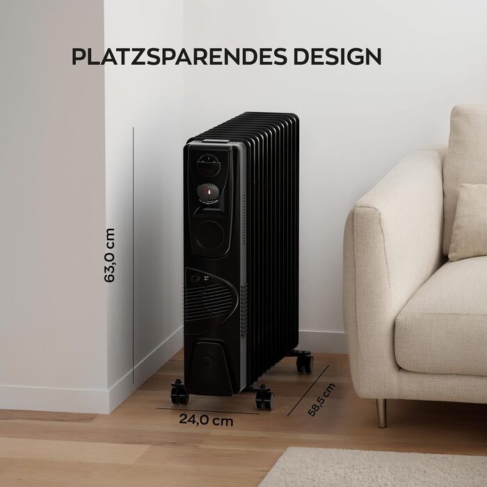 Електричний масляний радіатор Heinrich з 13 ребрами, 2500W, з вентилятором, терморегулятором, захистом від перегріву та нахилу, чорний