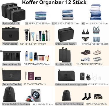 Органайзер для валізи Chijoo, набір 12 шт (чорний) – набір кубиків для пакування, аксесуари для подорожей