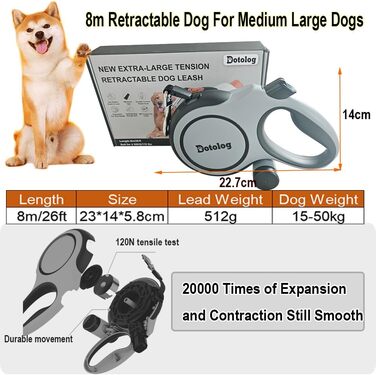 Рулетка для собак 8м, висувна повідка для собак середніх та великих порід до 50 кг, повідка-рулетка, подарунок для собаки (сірий/чорний, 8 м)