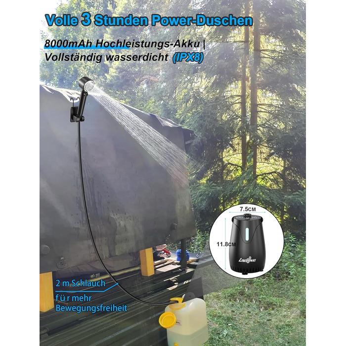 Портативний акумуляторний душ LIBERRWAY Campingdusche 8000mAh для кемпінгу, саду, авто – IPX8, 5 режимів, 2м шланг