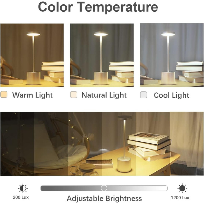 LED акумуляторна настільна лампа бездротова, 5000mAh, USB-зарядка, регулювання яскравості, 3 режими кольору, для дому та відпочинку на свіжому повітрі – срібна