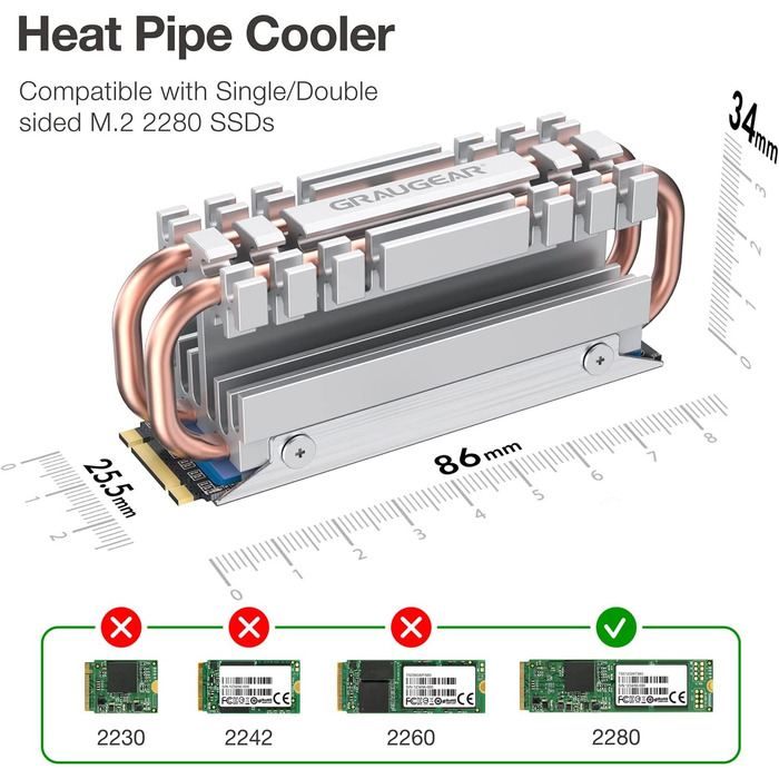 Радіатор для SSD M.2 2280 NVMe SATA з тепловою трубою, подвійний мідний радіатор, алюмінієва пластина, 2 термопади, 3.4 см [G-M2HS06]