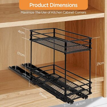 VINATO Висувна полиця для спецій на 2 яруси – органайзер для кухні з роликовими направляючими, підставка для спецій у шафку, полиця для спецій без свердління (26x15x21,8 см)