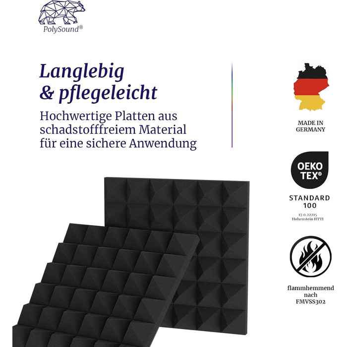 Акустичні пірамідні панелі PolySound для студії, подкастів та домашнього кінотеатру, шумопоглинаючий пінополіуретан, 48 шт, 30x30x6 см, чорний