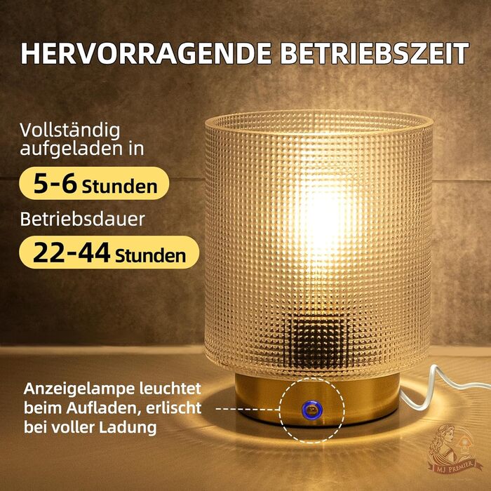 Бездротова настільна лампа з таймером, вінтажний дизайн, LED, скло, для дому та вулиці, диммування, сірий колір, розмір L