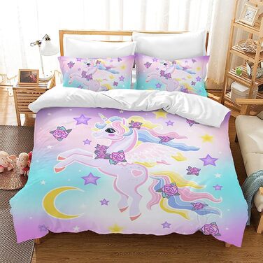 LLTTEER Unicorn Bedding Set for Kids Girls, 3D Printed Unicorn Cartoon Bedspread, Soft Microfiber Bedspread with 2 Pillowcases 50x75cm for Girls (Unicorn 04, 200 x 200 cm)