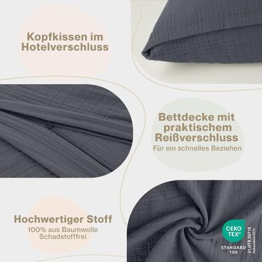 Бетлічна постільна білизна Laleni з бавовняного мусліну 80x80 + наволочка 35x40 см - комплект сертифікований Oeko-TEX для літа (Антрацит, 135x200 см, 80x80 см)