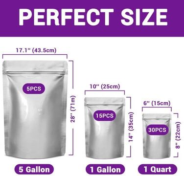 Mylar bags with oxygen absorbers for food, 43.5 x 71 cm, 25 x 35 cm, 1 Quart 15 x 22 cm, 8.6 Mil, Mylar bags with oxygen absorber 23000cc + Labels, vacuum sealer bags (50 pieces)