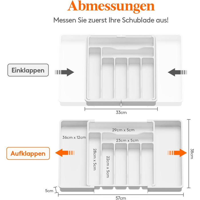 Органайзер для столових приборів Lifewit в шухляду, розсувний, пластиковий, білий 33-57 x 38 x 5 см