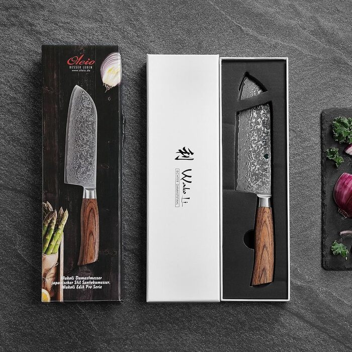 Ніж кухонний Wakoli EDIB Pro Santoku з дамаської сталі (VG10) 17 см, рукоять Pakkawood, подарункова коробка - для м'яса, риби та овочів, з можливістю гравіювання